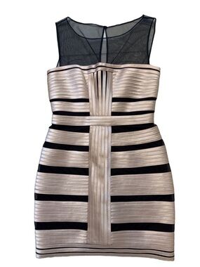 BCBG Max AZRIA Champagne Satin Bandage Mini Dress with Sheer Illusion Neckline